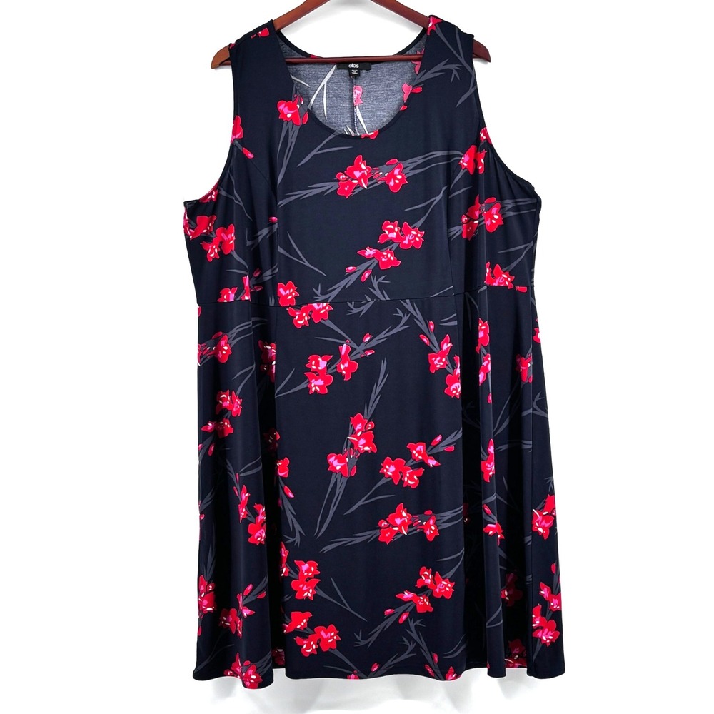 Ellos Fit & Flare Dress Sz 3X Midi Black Red Stretch Sleeveless Feminine Summer